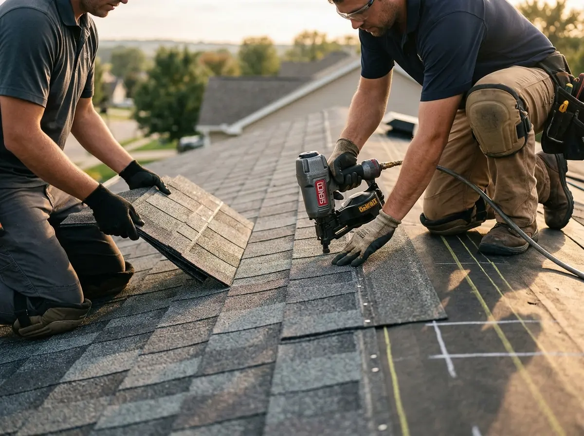 Professional roofer working on a residential roof in Stonecrest